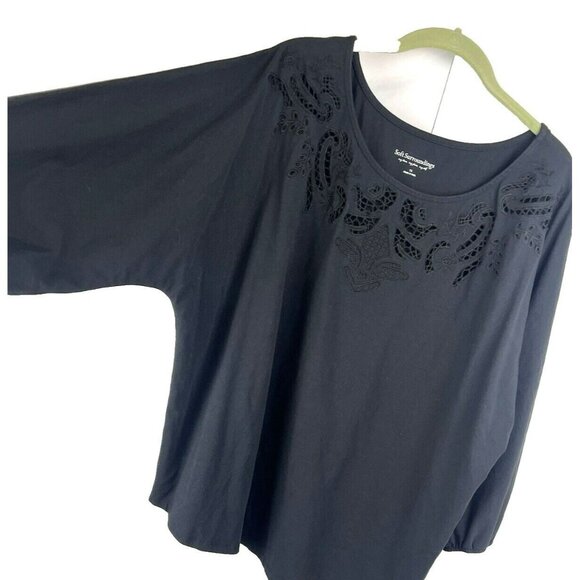 Soft Surroundings Women's Top 1X Solid Black 3/4 Puff Sleeve Lace Cotton Blend - Picture 5 of 7